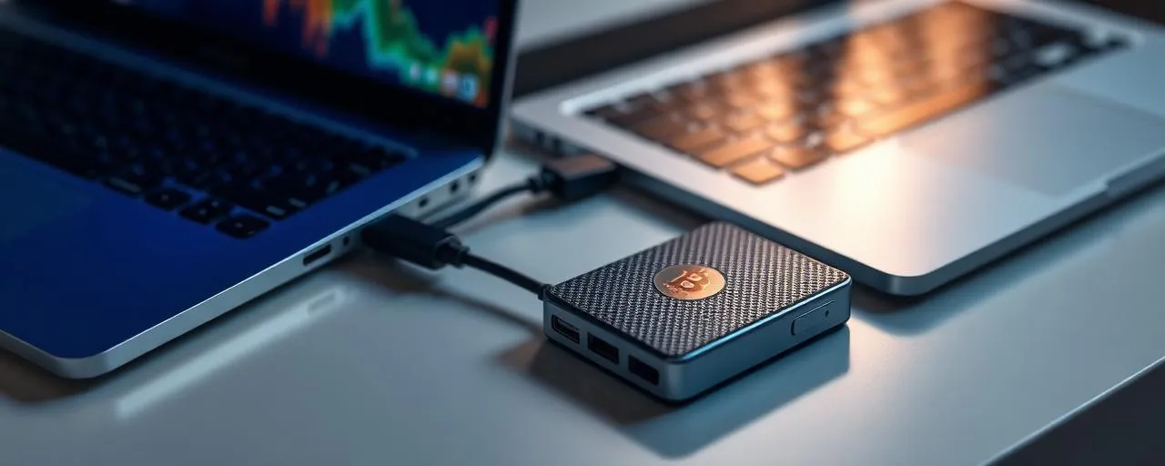 Hardware Wallet mit USB-Verbindung zum Laptop